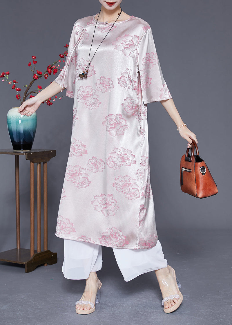Pink O-neck Print Tassel Silk Long Dress Half Sleeve Ly1832