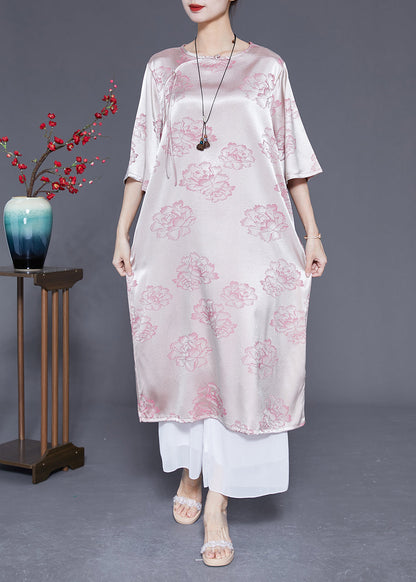 Pink O-neck Print Tassel Silk Long Dress Half Sleeve Ly1832