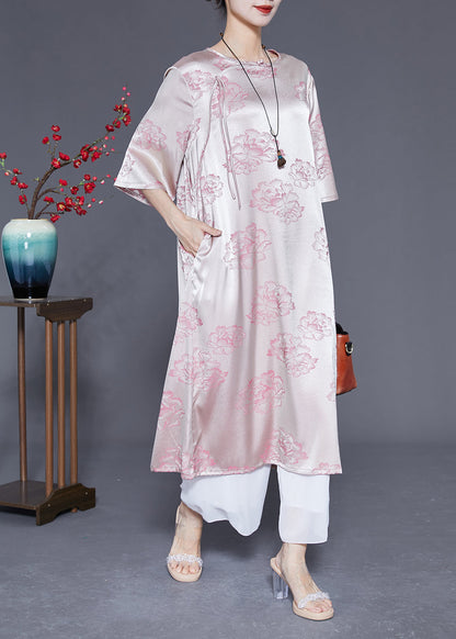 Pink O-neck Print Tassel Silk Long Dress Half Sleeve Ly1832