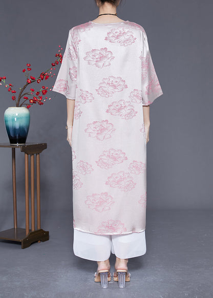 Pink O-neck Print Tassel Silk Long Dress Half Sleeve Ly1832