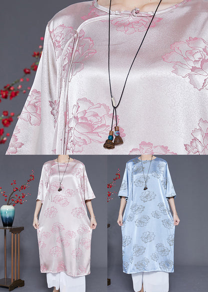 Pink O-neck Print Tassel Silk Long Dress Half Sleeve Ly1832