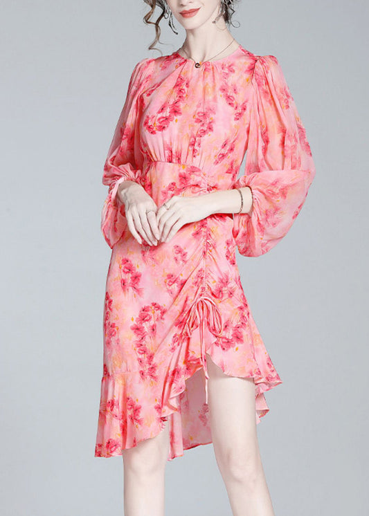Pink O-neck Print Tunic Slim Vacation Long Dresses Lantern Sleeve Ac3037