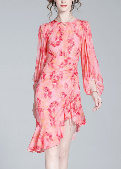 Pink O-neck Print Tunic Slim Vacation Long Dresses Lantern Sleeve Ac3037