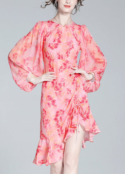 Pink O-neck Print Tunic Slim Vacation Long Dresses Lantern Sleeve Ac3037