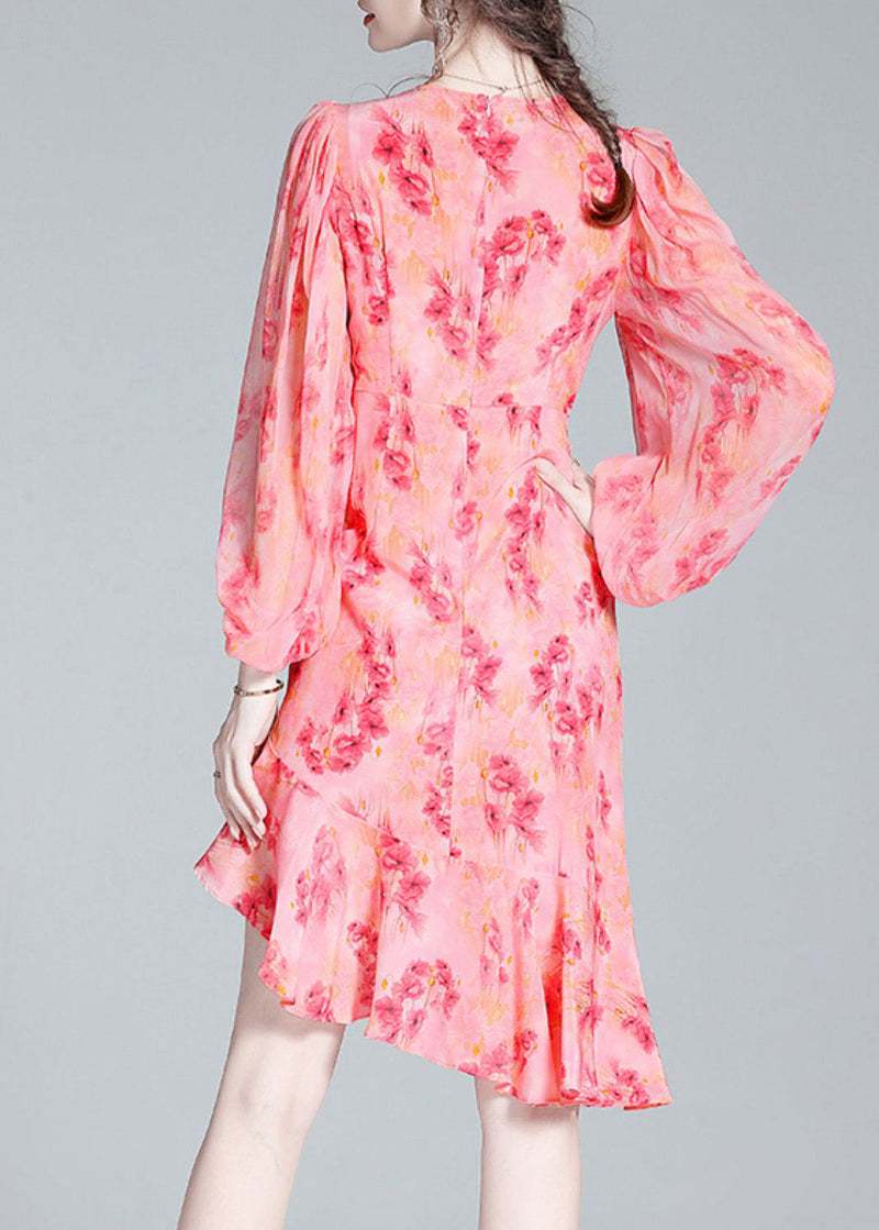 Pink O-neck Print Tunic Slim Vacation Long Dresses Lantern Sleeve Ac3037
