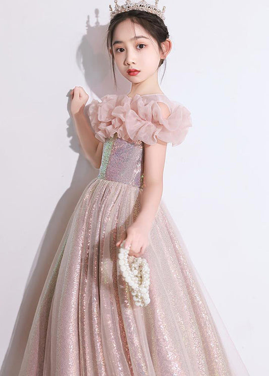 Pink Patchwork Tulle Maxi Dresses Short Sleeve Qv010