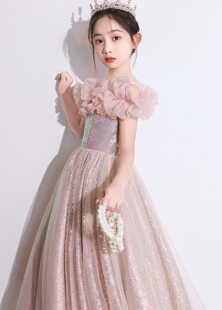 Pink Patchwork Tulle Maxi Dresses Short Sleeve Qv010