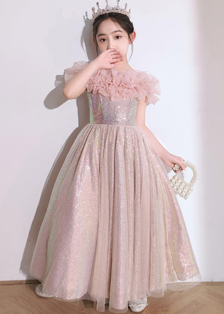 Pink Patchwork Tulle Maxi Dresses Short Sleeve Qv010