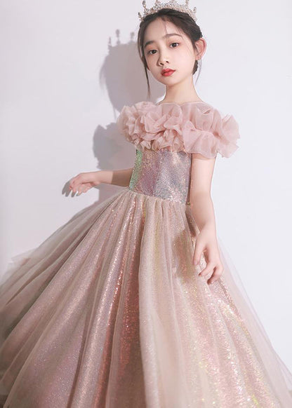 Pink Patchwork Tulle Maxi Dresses Short Sleeve Qv010