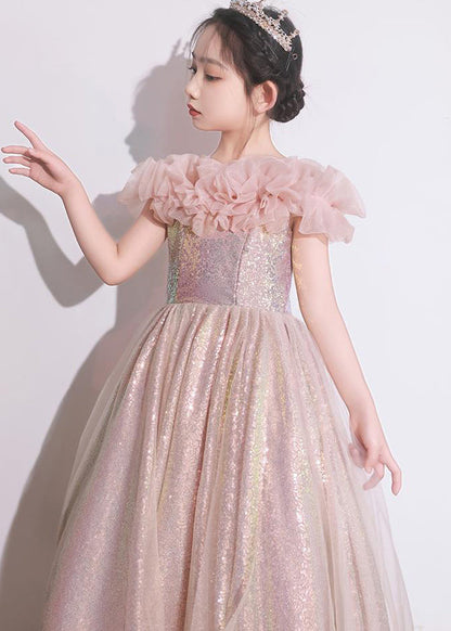 Pink Patchwork Tulle Maxi Dresses Short Sleeve Qv010