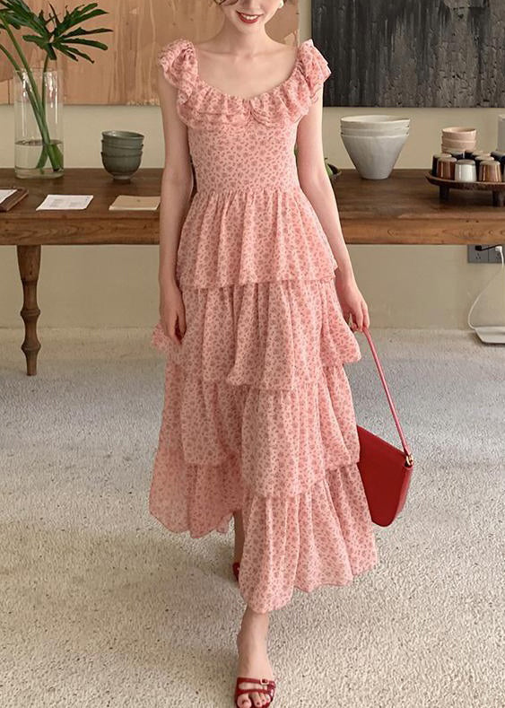 Pink Ruffled Print Chiffon Long Dress Summer Xx044