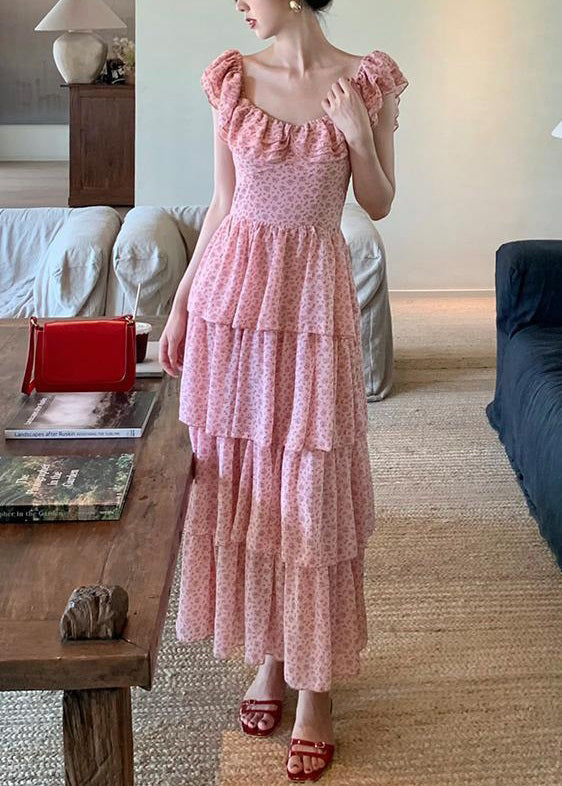Pink Ruffled Print Chiffon Long Dress Summer Xx044