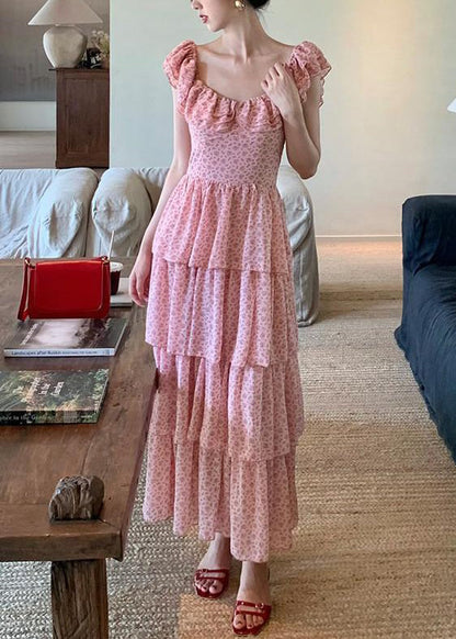 Pink Ruffled Print Chiffon Long Dress Summer Xx044