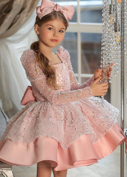 Pink Square Collar Bow Sequins Tulle Maxi Dresses Spring Ys038