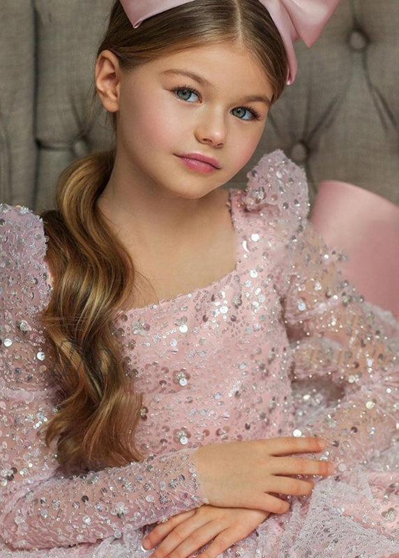 Pink Square Collar Bow Sequins Tulle Maxi Dresses Spring Ys038