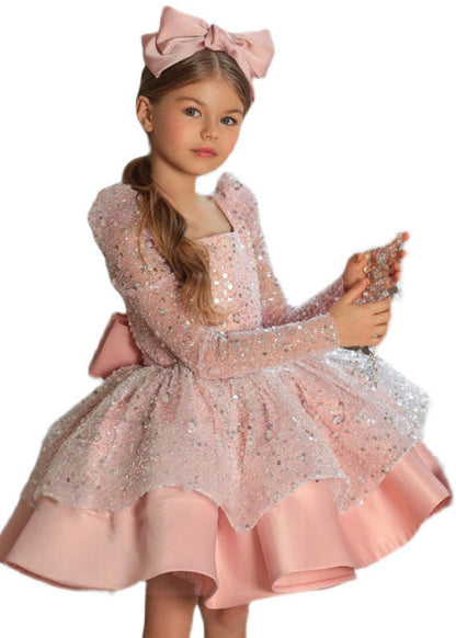 Pink Square Collar Bow Sequins Tulle Maxi Dresses Spring Ys038