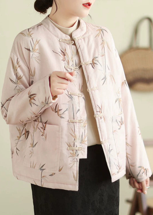 Pink Stand Collar Button Print Thick Coats Winter Qg023