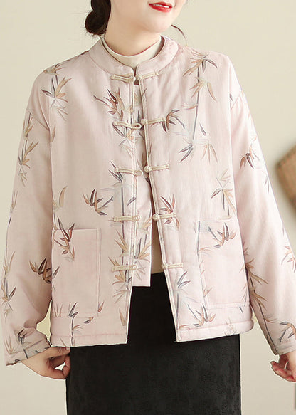 Pink Stand Collar Button Print Thick Coats Winter Qg023