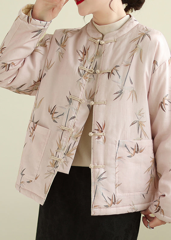 Pink Stand Collar Button Print Thick Coats Winter Qg023