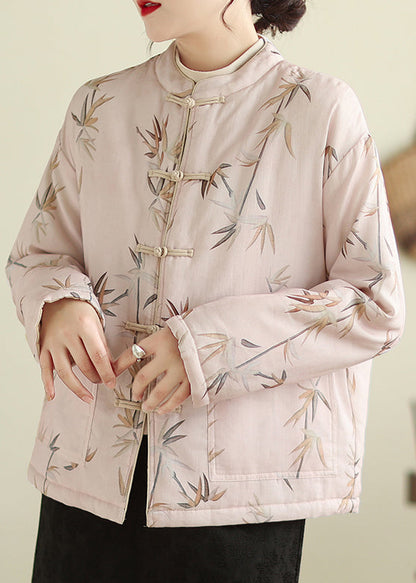 Pink Stand Collar Button Print Thick Coats Winter Qg023
