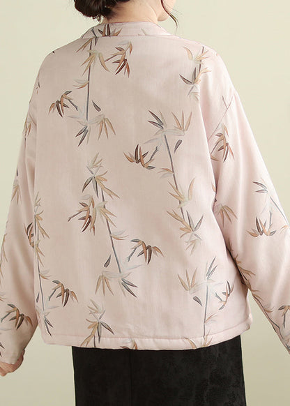 Pink Stand Collar Button Print Thick Coats Winter Qg023