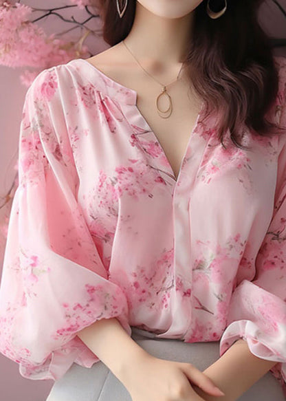 Pink V Neck Print Chiffon Blouses Bracelet Sleeve Kj018