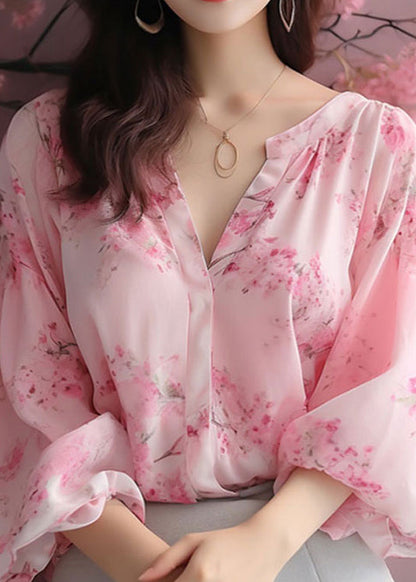 Pink V Neck Print Chiffon Blouses Bracelet Sleeve Kj018