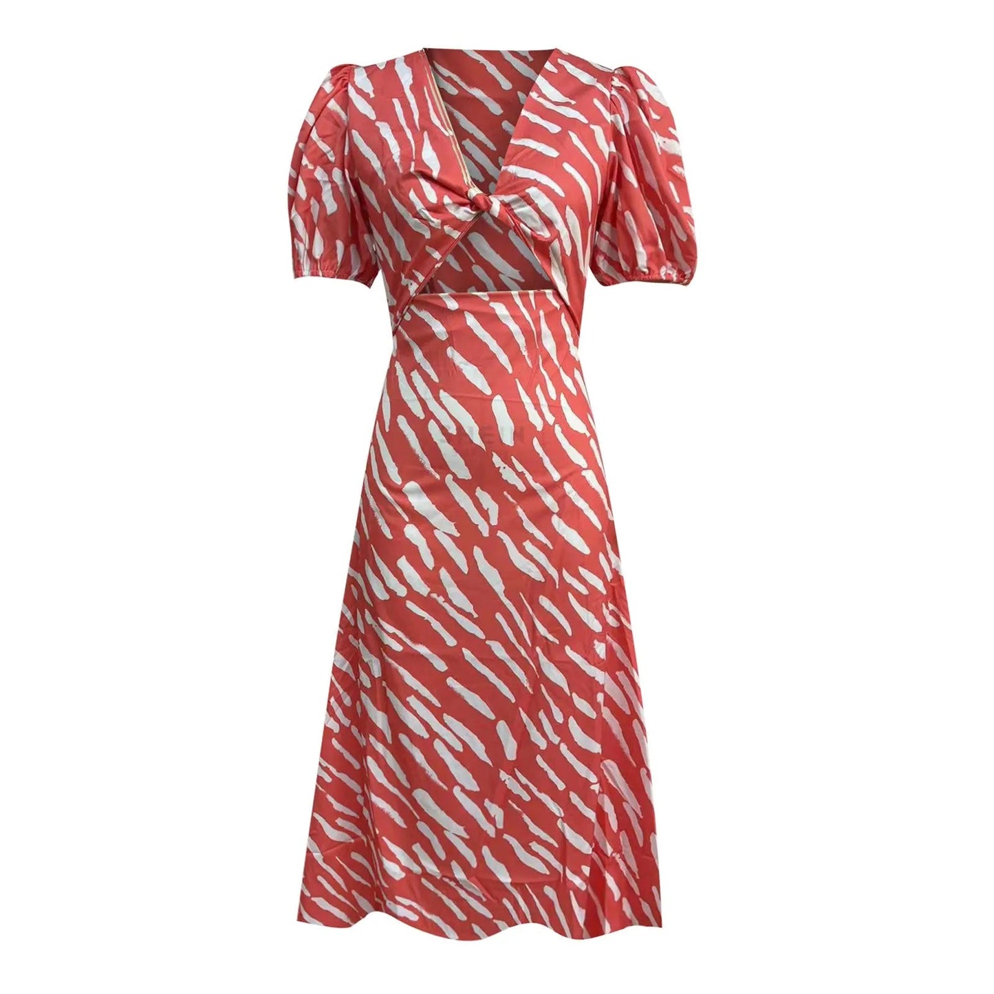 Stripe Print V-neck Puff Sleeve Midi Dress