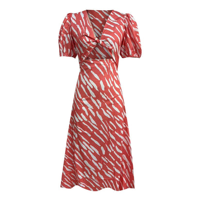 Stripe Print V-neck Puff Sleeve Midi Dress
