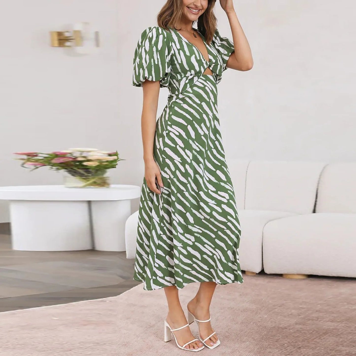 Stripe Print V-neck Puff Sleeve Midi Dress