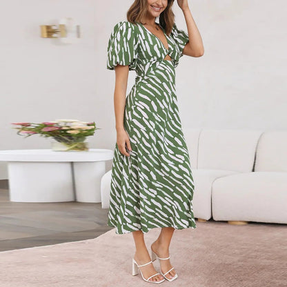 Stripe Print V-neck Puff Sleeve Midi Dress