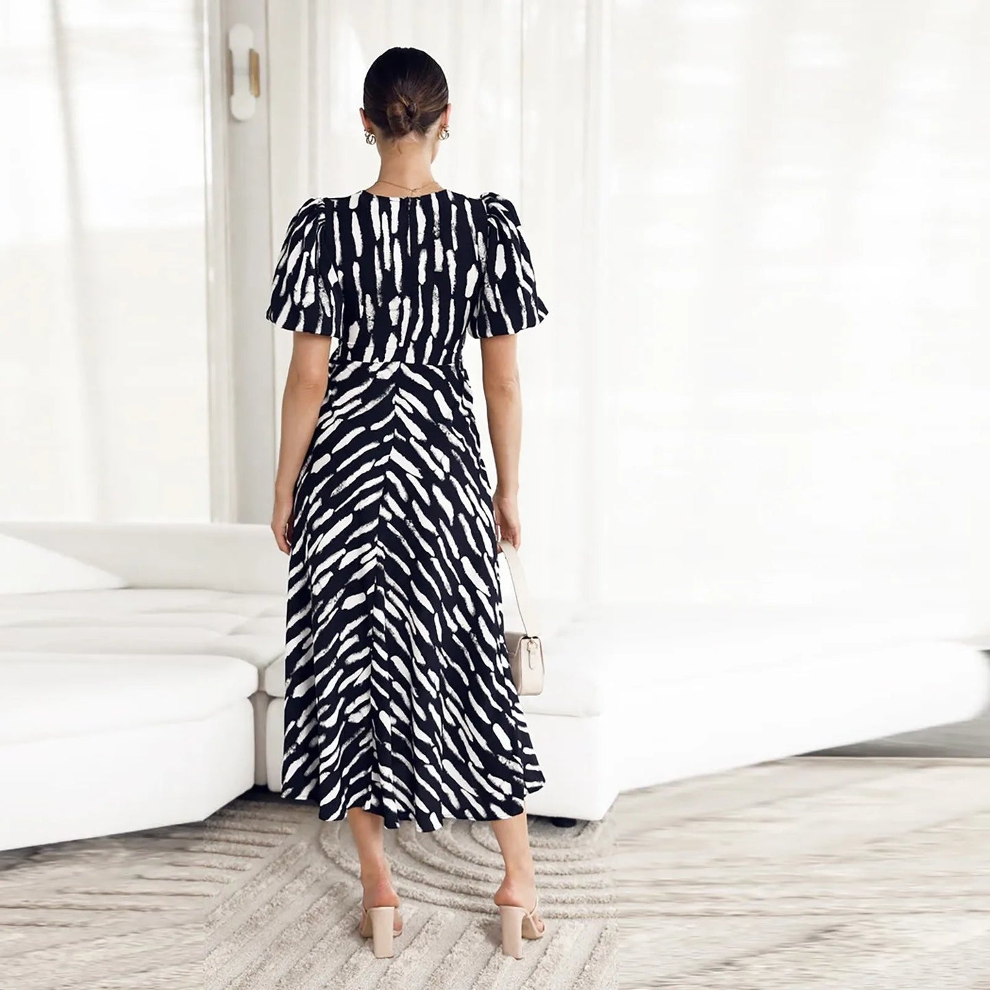 Stripe Print V-neck Puff Sleeve Midi Dress