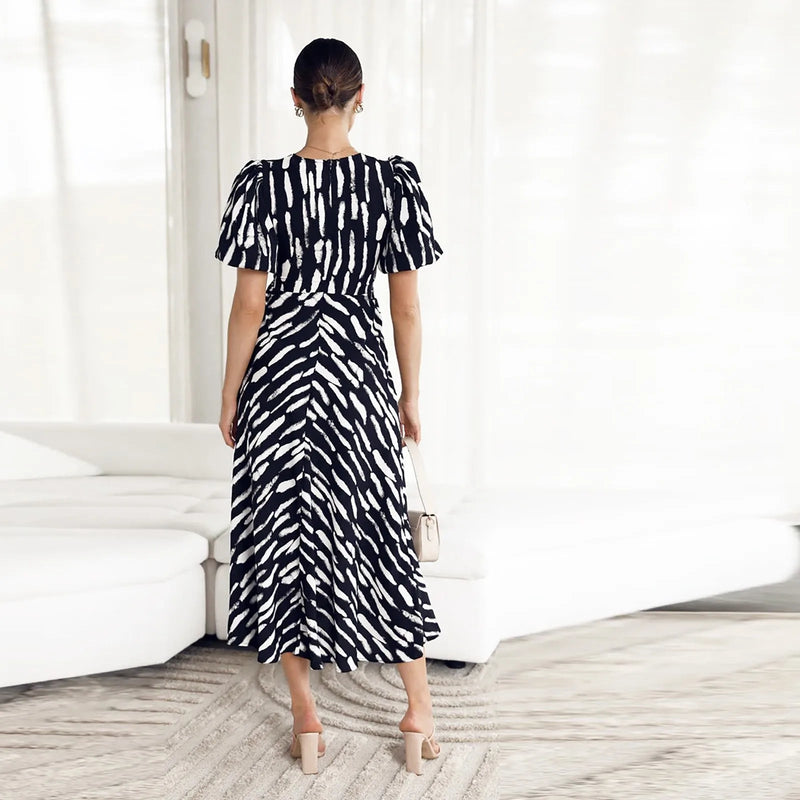 Stripe Print V-neck Puff Sleeve Midi Dress