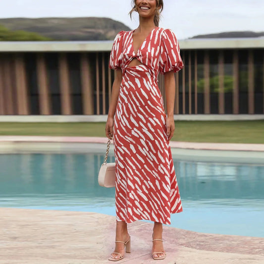 Stripe Print V-neck Puff Sleeve Midi Dress