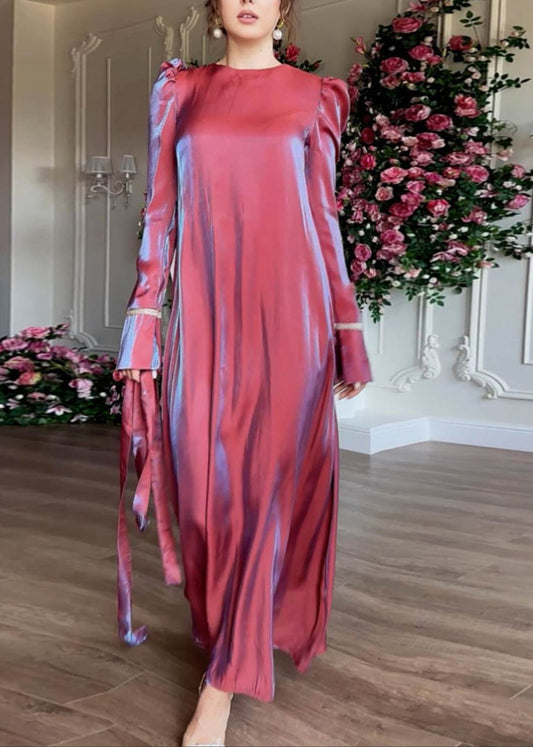 Purple O Neck Silk Maxi Dress Fall Wo050