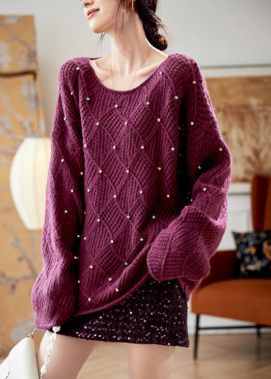 Purple O Neck Zircon Knit Sweaters Fall Qs004