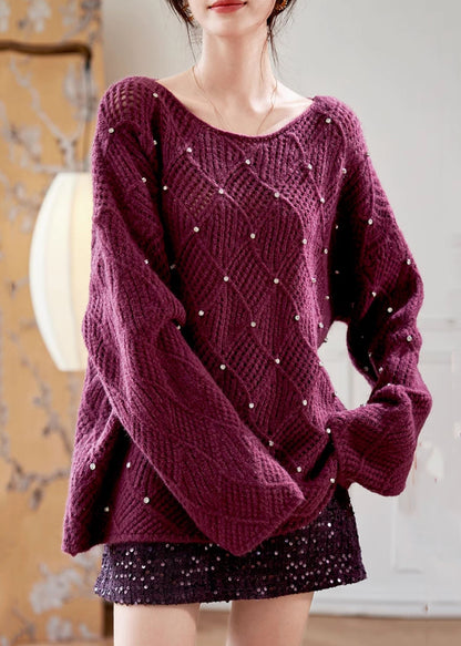 Purple O Neck Zircon Knit Sweaters Fall Qs004