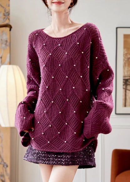 Purple O Neck Zircon Knit Sweaters Fall Qs004