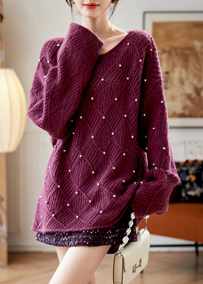 Purple O Neck Zircon Knit Sweaters Fall Qs004