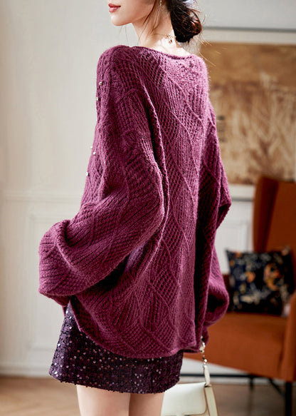 Purple O Neck Zircon Knit Sweaters Fall Qs004