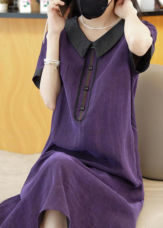 Purple Patchwork Silk Long Dress Summer Op1077