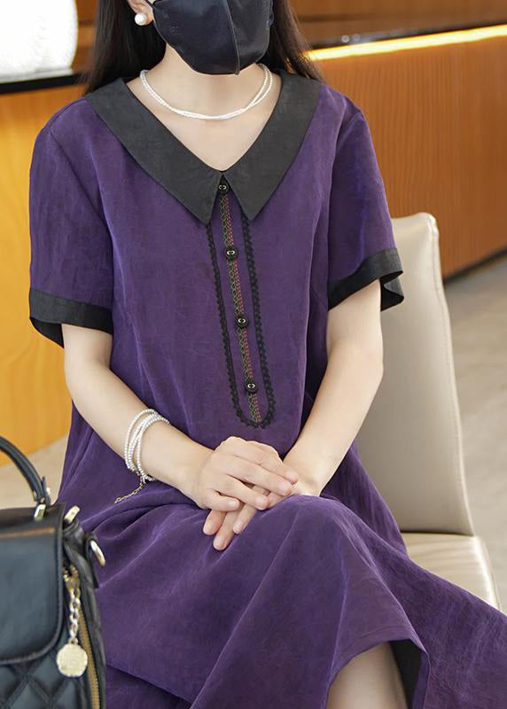 Purple Patchwork Silk Long Dress Summer Op1077