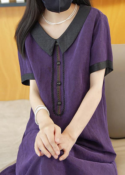 Purple Patchwork Silk Long Dress Summer Op1077