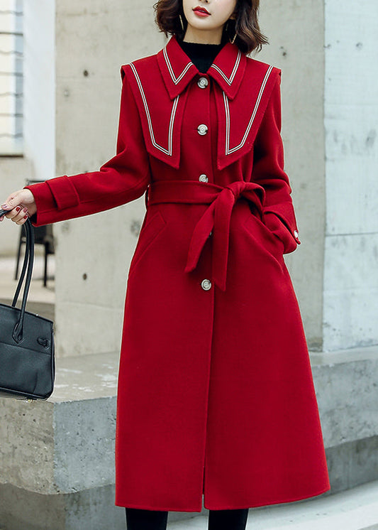 Red Button Pockets Tie Waist Woolen Coats Winter Er030