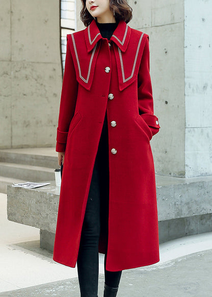 Red Button Pockets Tie Waist Woolen Coats Winter Er030