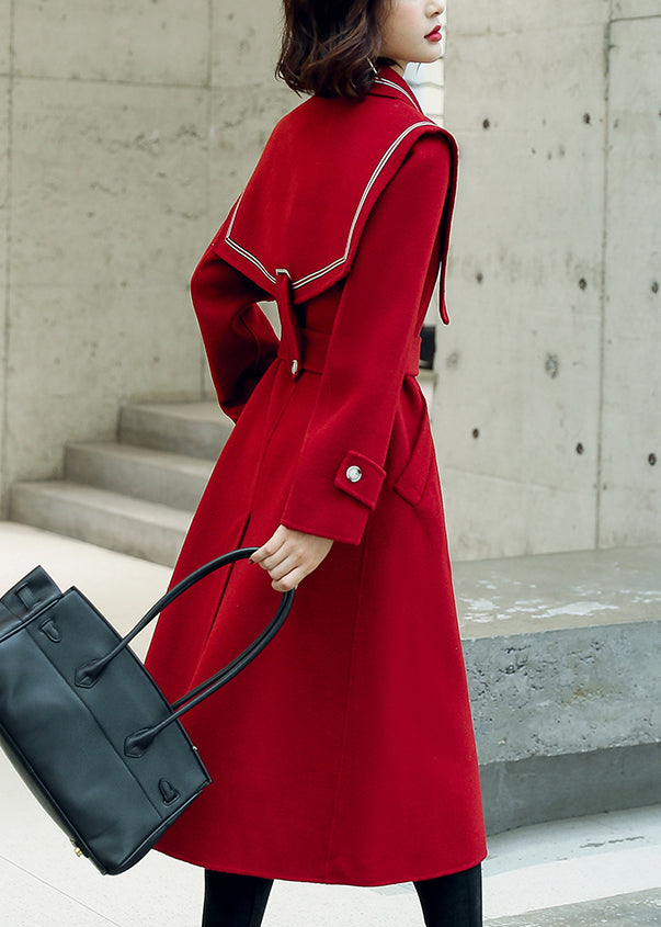 Red Button Pockets Tie Waist Woolen Coats Winter Er030