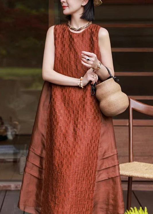 Red O Neck Patchwork Cotton Long Dresses Sleeveless Wn025