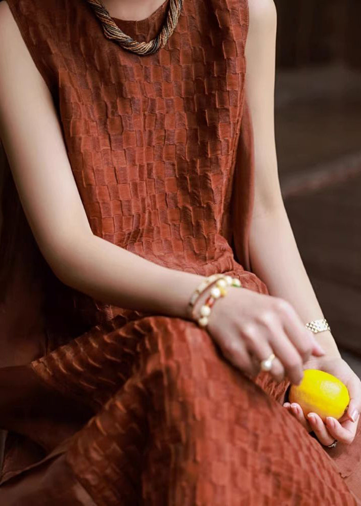 Red O Neck Patchwork Cotton Long Dresses Sleeveless Wn025