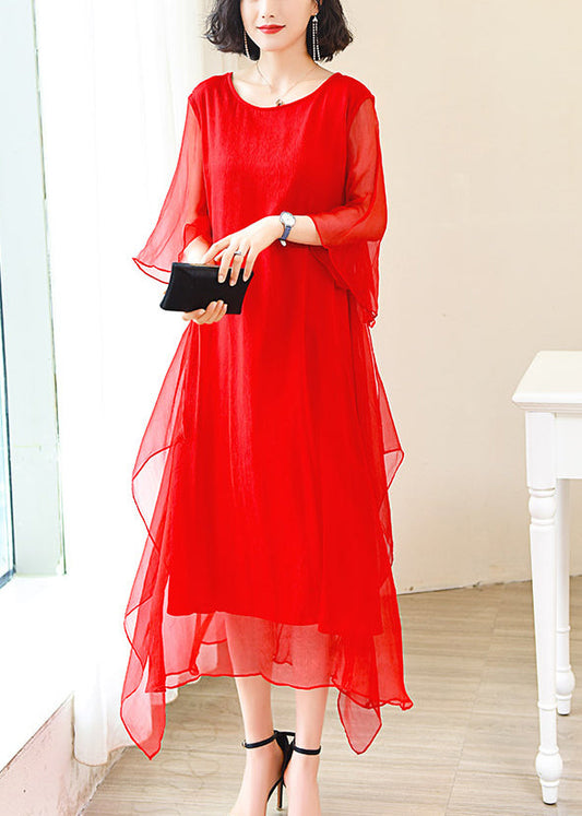 Red O-neck Ice Silk Long Dress Flare Sleeve Op1009