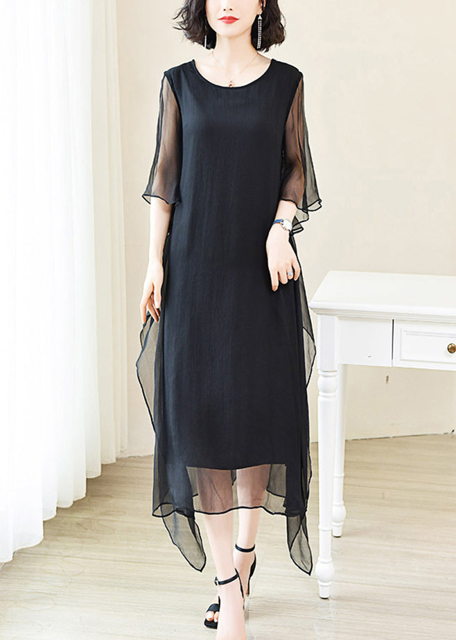 Red O-neck Ice Silk Long Dress Flare Sleeve Op1009